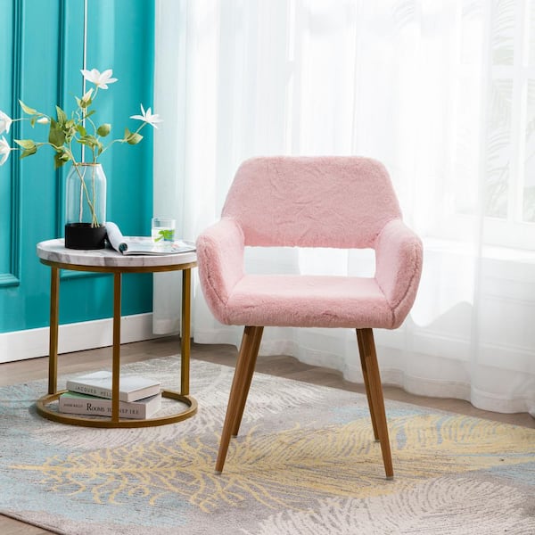 Clihome Pink Dining Chair with Faux Fur and Solid Painting Steel Leg