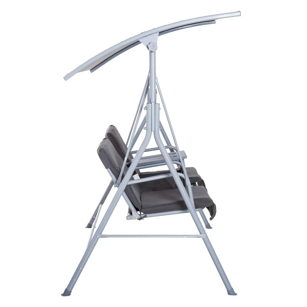 Gray Metal 2-Person Outdoor Swing with Canopy and Cushions