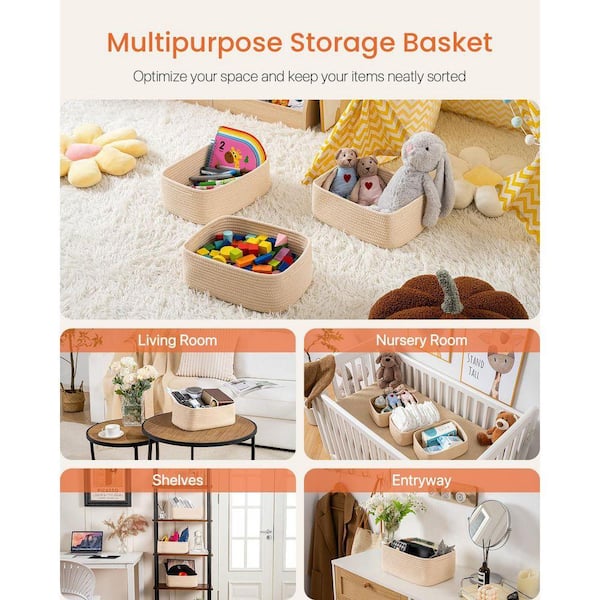 Beige 12 in. x 4.5 in. Woven Basket 3 Packs, Cotton Storage Basket
