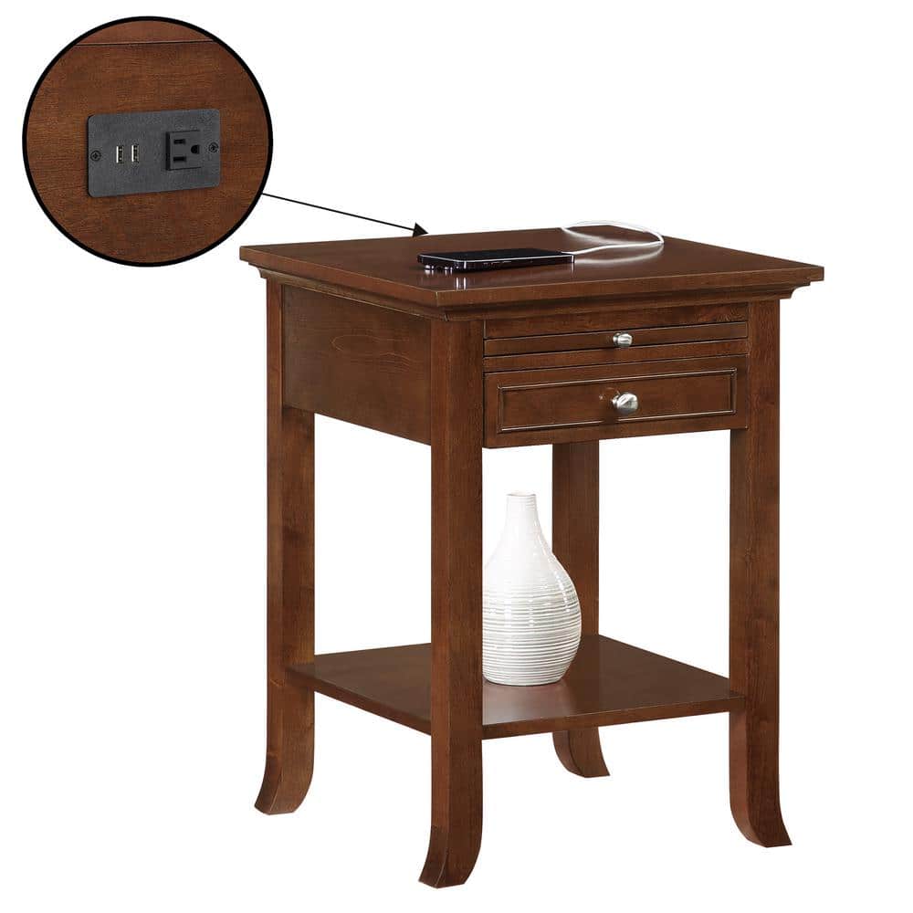 Espresso Wood End Table with Charging Station and Storage