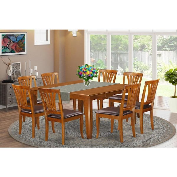 9-Piece Square Saddle Brown Finish Solid Wood Top Dining Table with 8-Chairs with Lattice Back