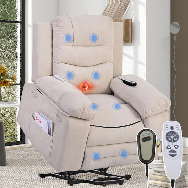 Beige Linen Power Lift Recliner Chair with Adjustable Massage and Heating, Infinite Position and Side Pocket
