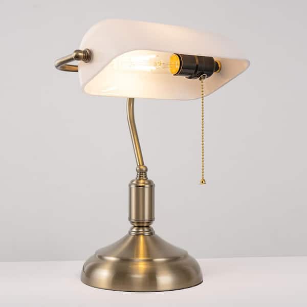 15 in.1-Light Rustic Brass Table Lamp with White Glass Shade E26, Modern Table Lighting for Bedroom or Living Room