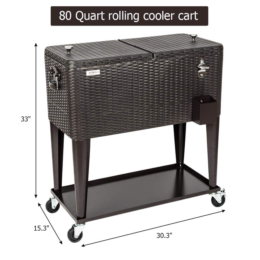 VINGLI 80 Quart Black Rattan Rolling Cooler with Shelf