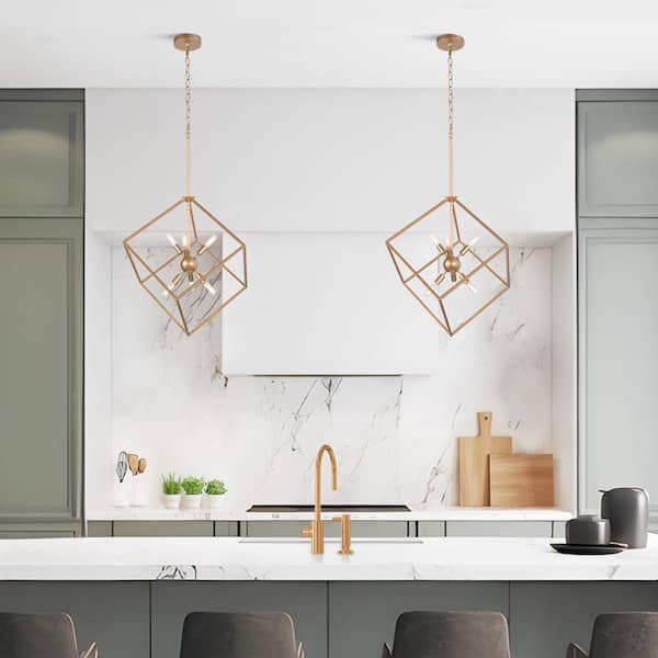 Modern Gold Chandelier with Square Cage 6-Light Geometric Island Pendant with Sputnik Candlestick for Living Room Foyer