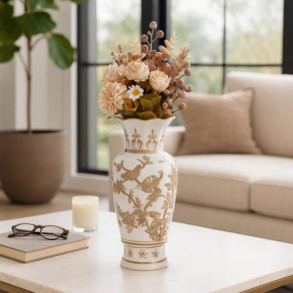 Liv & Skye 12.25 in. Brown/White Ceramic Amphora Decorative Bird