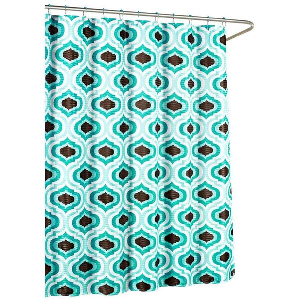 Creative Home Ideas Faux Linen Textured 70 in. W x 72 in. L Shower Curtain with Metal Roller Rings in Letto Turquoise/Espresso