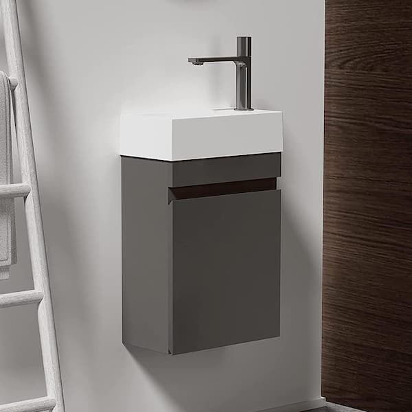 MYCASS 15.7 in. W x 8.7 in. D x 20.5 in. H Sink Floating Bath Vanity in Space Grey with 1-Piece White Solid Surface Top
