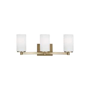 Hettinger 20 in. 3-Light Satin Brass Transitional Contemporary Wall Bathroom Vanity Light with White Glass Shades