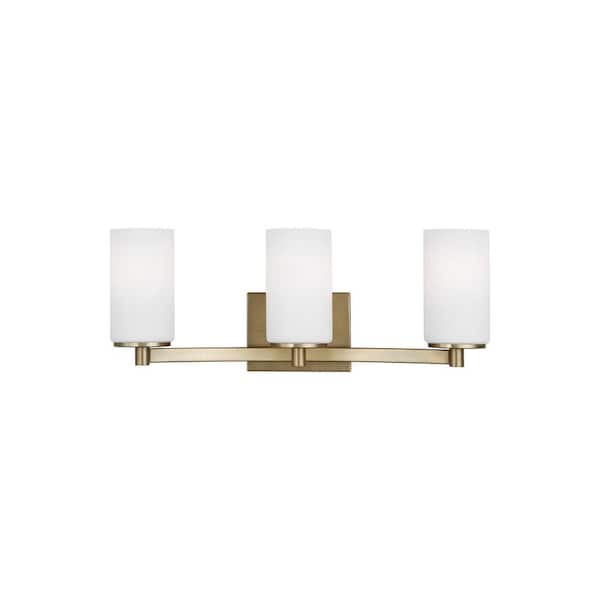 Generation Lighting Hettinger 20 in. 3-Light Satin Brass Transitional Contemporary Wall Bathroom Vanity Light with White Glass Shades