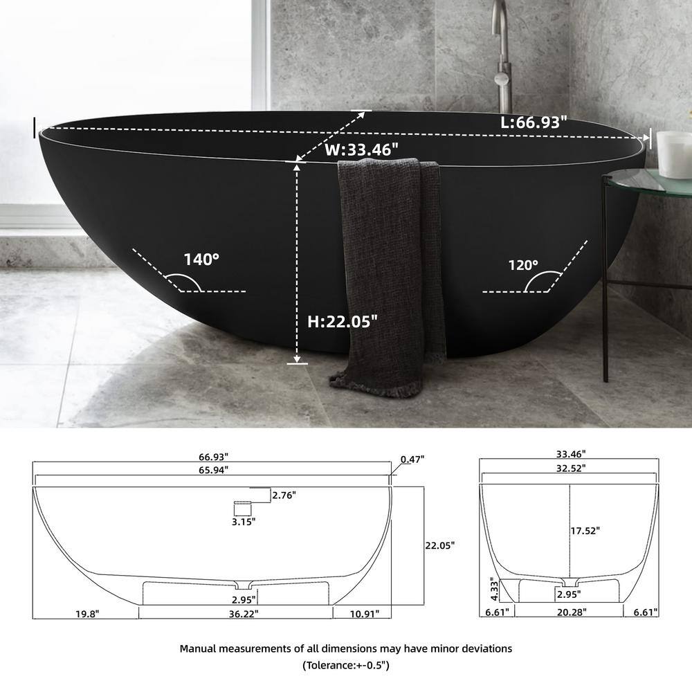 Matte Black 67'' Solid Surface Freestanding Soaking Bathtub