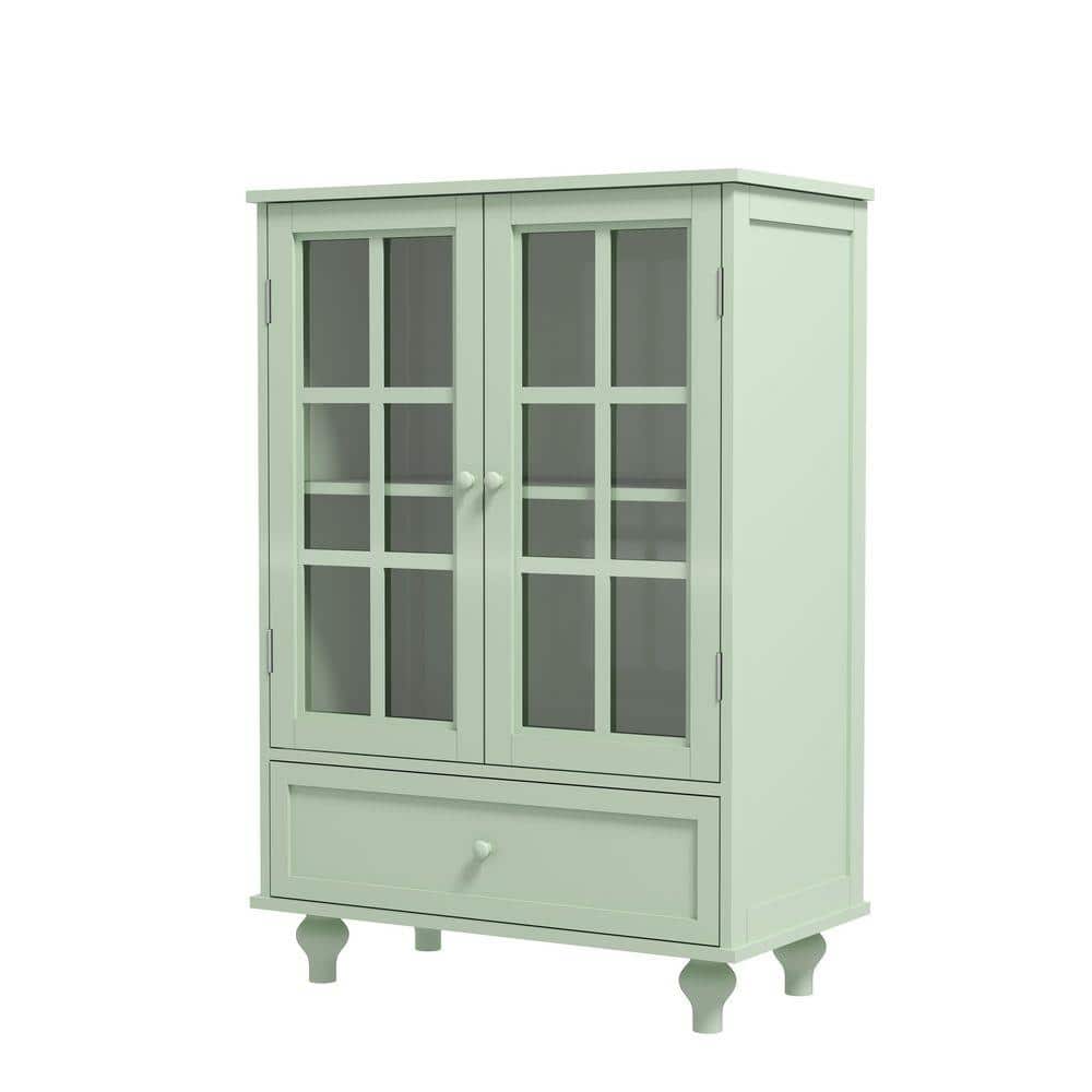 28 in. W x 15 in. D x 38 in. H Green Linen Cabinet with Double Glass Doors and Drawer