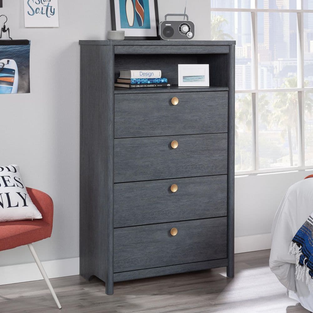 Denim Oak Vertical 4-Drawer Chest with Open Shelf
