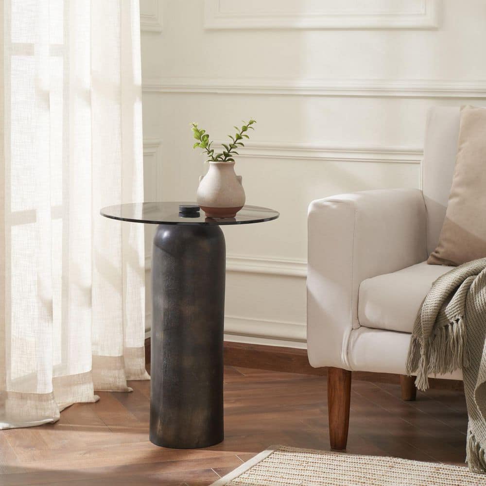 19 in. W Black Brass/ Round Finish Round Shape Aluminum Frame End Table