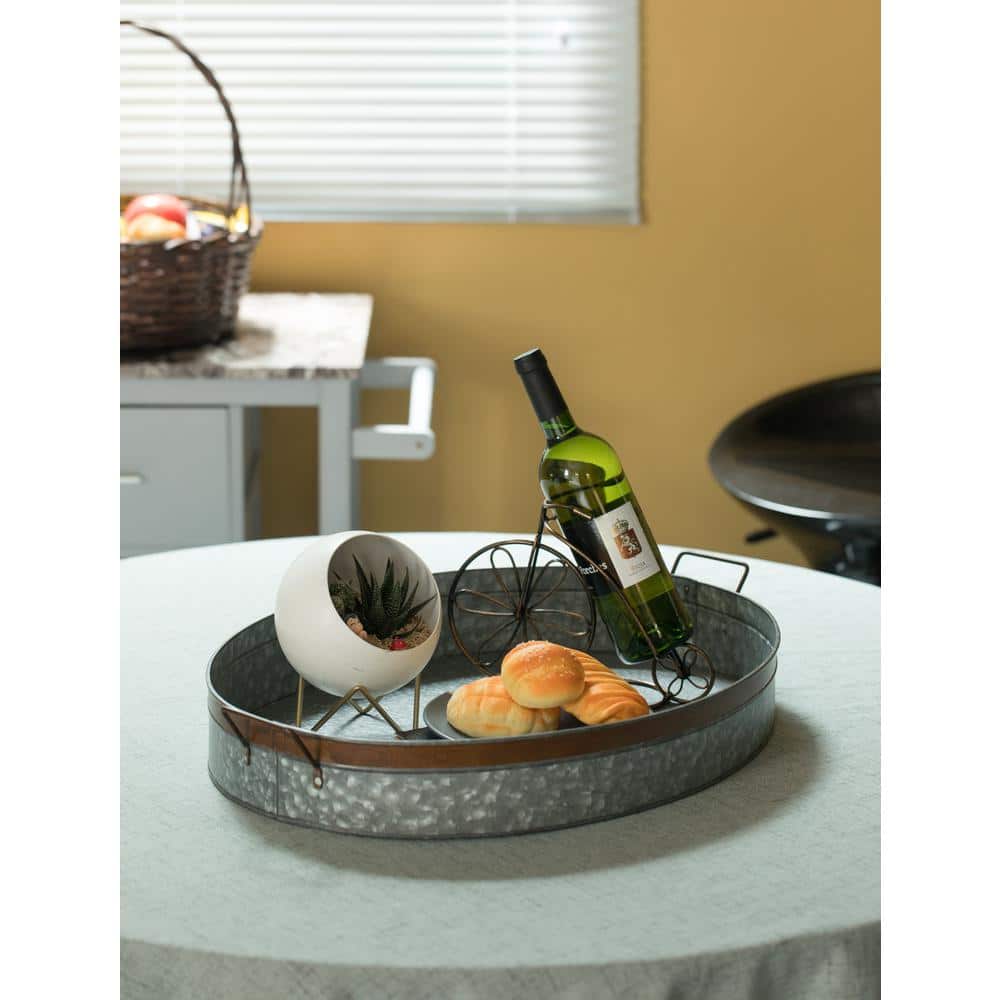 Large Gray Galvanized Metal Oval Rustic Serving Tray with Handles