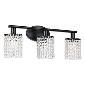 20.87 in. 3-Light Black Crystal Bathroom Wall Sconce, Modern Lighting Fixture Over Mirror