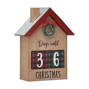 10 in. Brown Wood and Metal House Shaped Christmas Countdown Calendar with Changeable Numbers