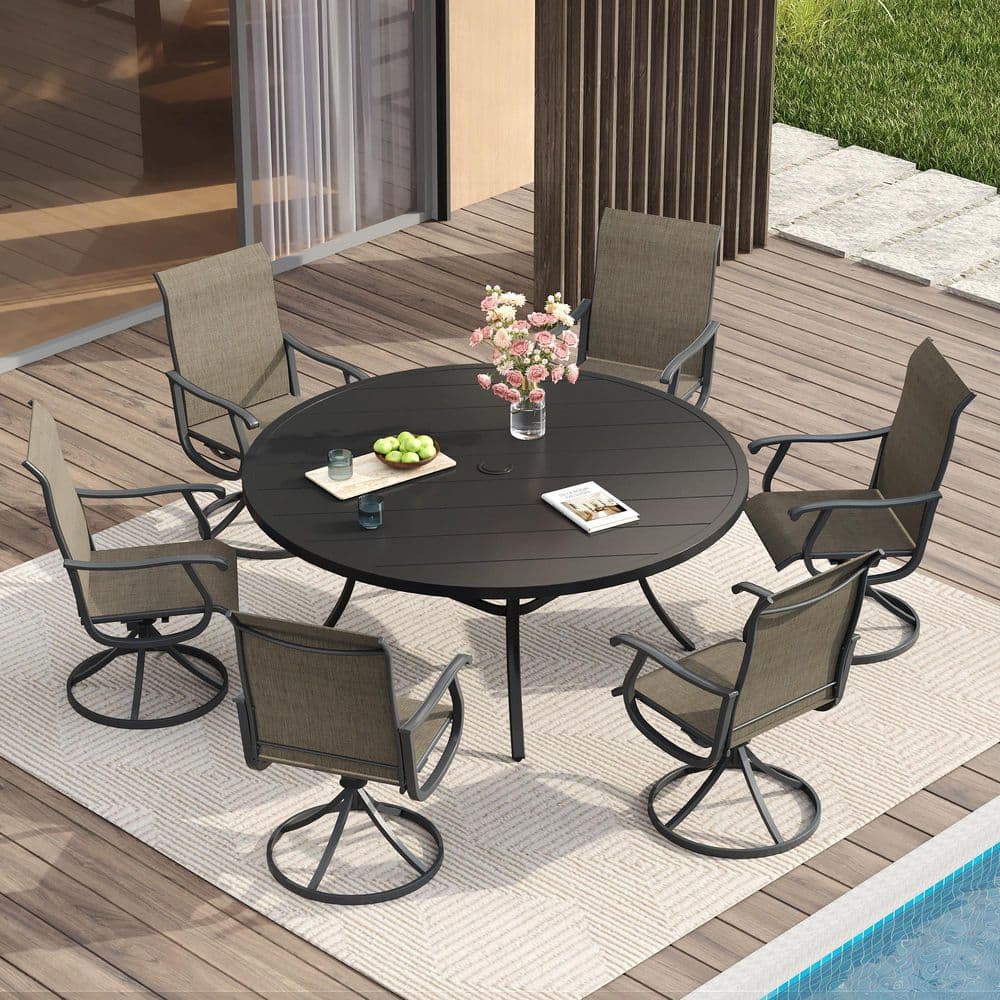 7-Piece Metal Patio Dining Set with Black Round Dining Table and 6 Black Textilene Swivel Dining Chairs for Yard price history on PriceWatchPro