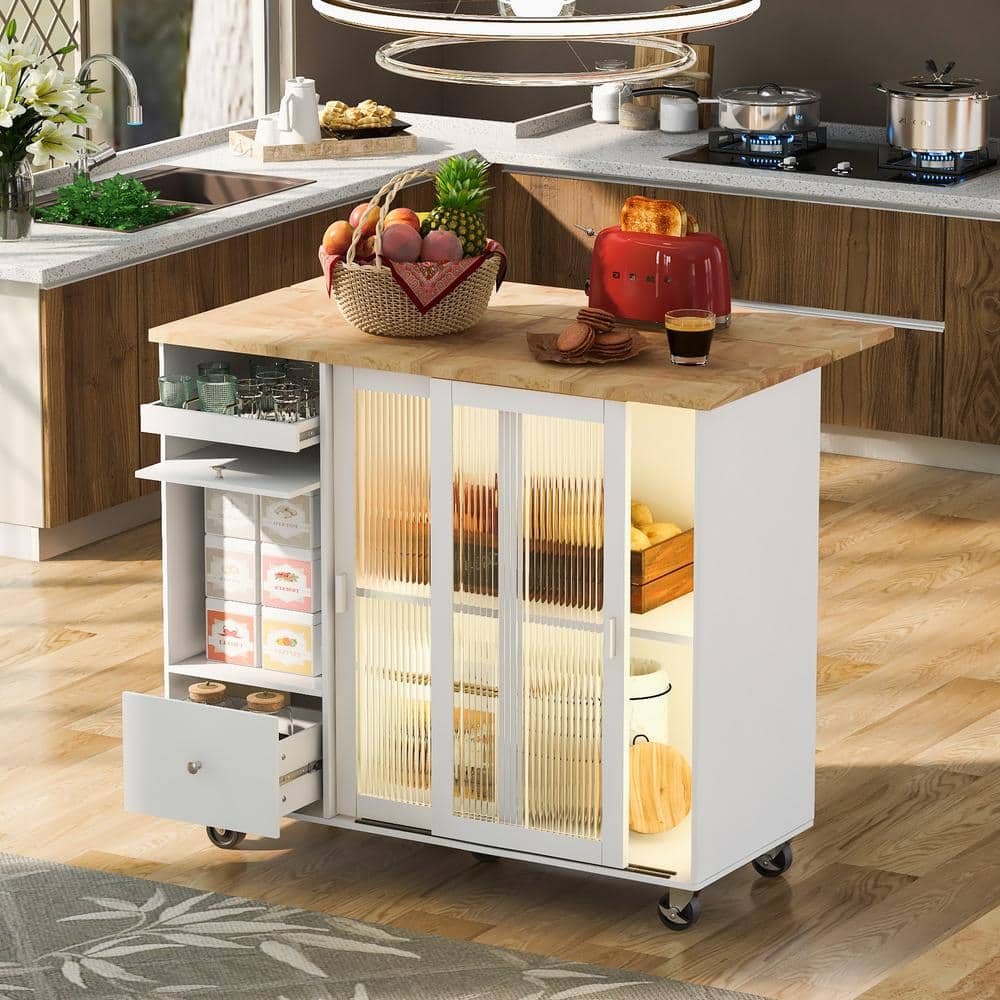 Farmhouse White MDF & Rubber Wood 44 in. W Drop Leaf LED Light Kitchen Isla