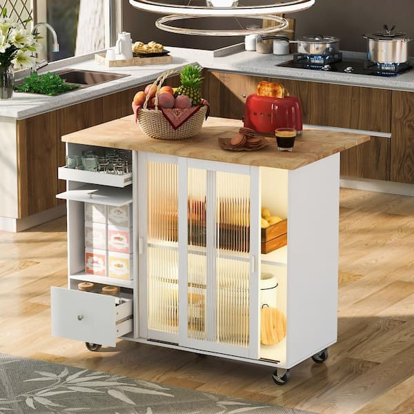 Unbranded Farmhouse White MDF & Rubber Wood 44 in. W Drop Leaf LED Light Kitchen Island with 2-Fluted Glass Doors and Drawers