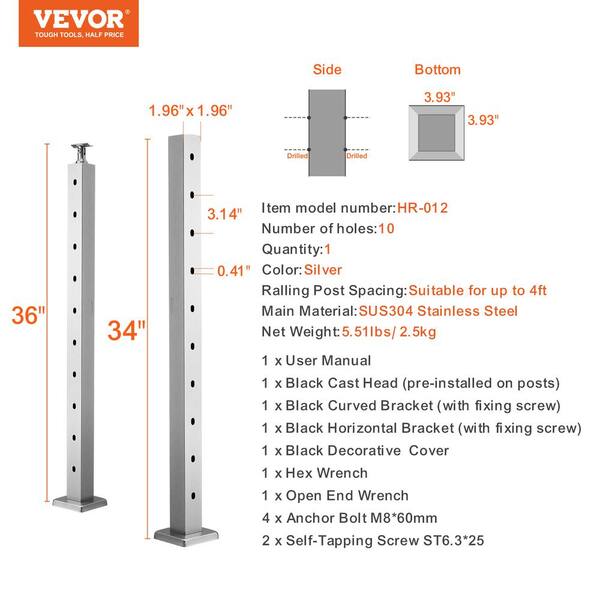 VEVOR Cable Railing Post 36 in. L x 2 in. W x 2 in. H Steel 30° Hole Stair Railing Post SUS304 Stainless Steel Rail Post