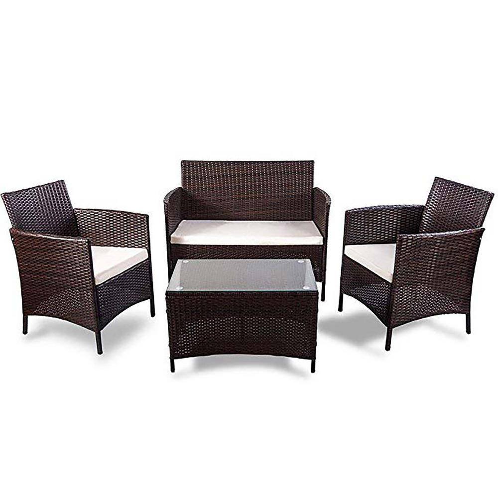 Brown 4-Piece Wicker Metal Rectangular Outdoor Dining Set with Beige Cushio
