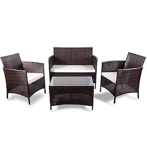 Brown 4-Piece Wicker Metal Rectangular Outdoor Dining Set with Beige Cushions