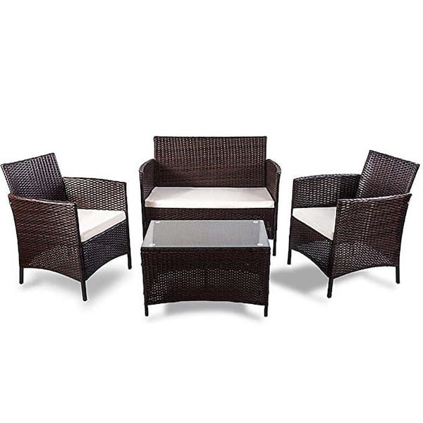 Unbranded Brown 4-Piece Wicker Metal Rectangular Outdoor Dining Set with Beige Cushions