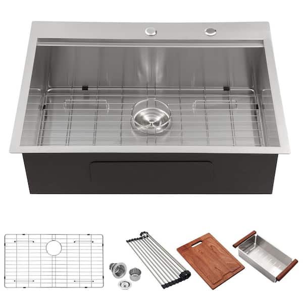 Sarlai 16 Gauge Stainless Steel 30 in. Single Bowl Right Angle Drop-In/Topmount Workstation Kitchen Sink with All Accessories