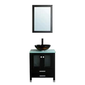 QIERAO 24 inch Black Bathroom Solid Wood Vanity With Mirror Countertop Square Ceramic Vessel Sink Black