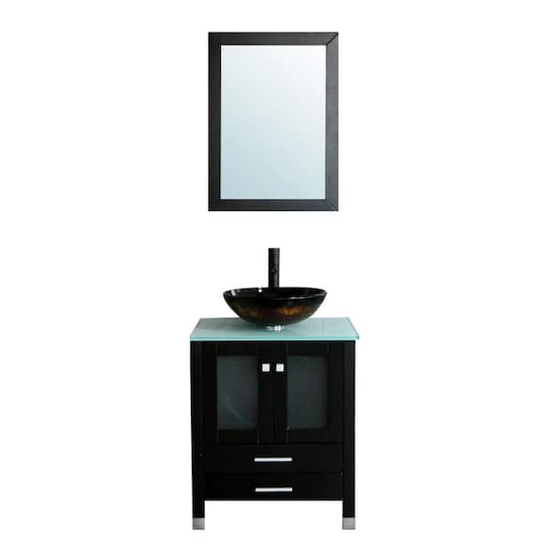 walsport 24 in. W x 21.7 in. D x 29.5 in. H Single Sink Bath Vanity in Black with Glass Top and Mirror