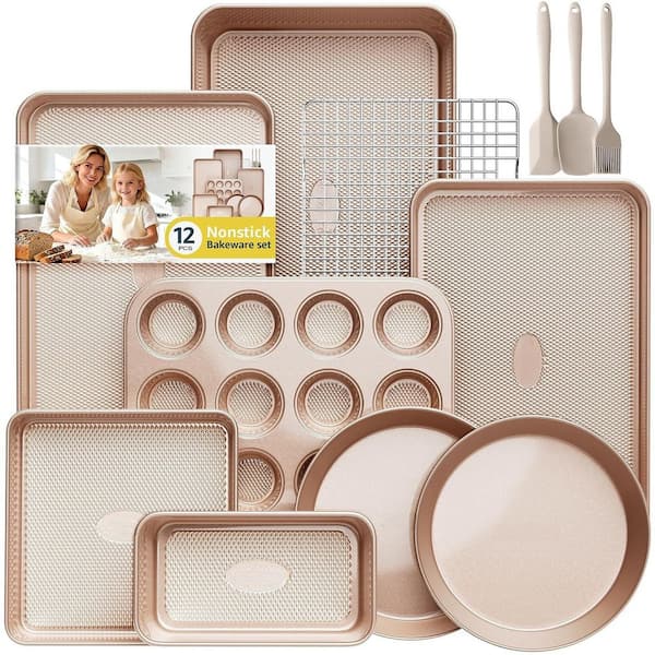 12-Piece Ceramic Coated Gold Nonstick Bakeware Set with Baking Pan Cake Pan Muffin Pan Loaf Pan Square Pan Cookie Pan