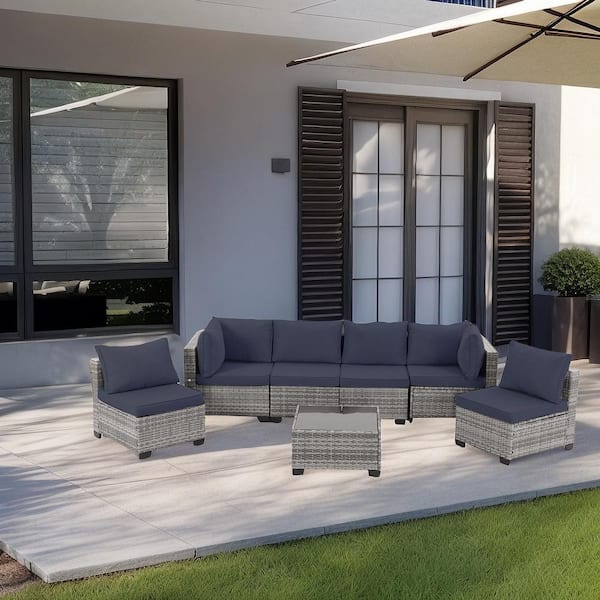 Unbranded Gray Rattan Wicker 6 Seat 7-Piece Steel Patio Outdoor Sectional Set with Navy Blue Cushions