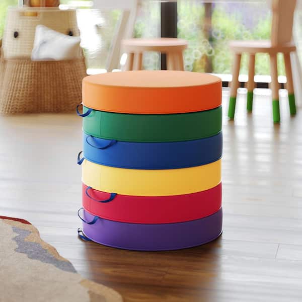 Kylie Assorted Plastic Commercial Grade 16 in. Round Floor Cushions for Kids with Handles Kids Lounge Chair (Set of 6)