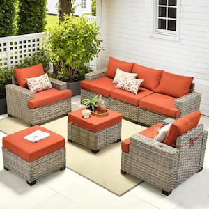 Tiberte Gray 7-Piece Wicker Patio Conversation Seating Set with Orange Red Cushions