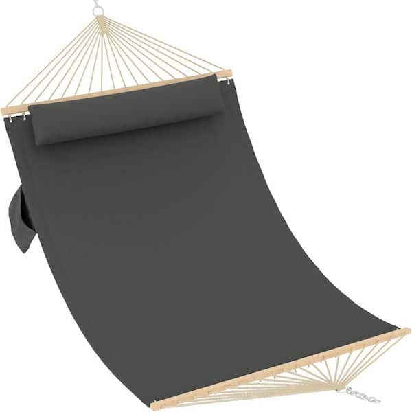 Double Quilted Fabric Hammock with Hardwood Spreader Bars and Pillow 450 LBS Capacity 2 Person Large Hammock