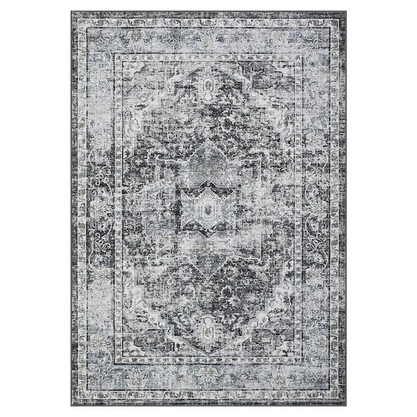 Gray 4 ft. x 6 ft. Medallion Pattern Short Pile Indoor Area Rug