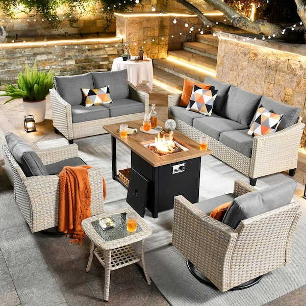 HOOOWOOO Oconee 6-Piece Wicker Outdoor Patio Fire Pit Conversation Sofa Loveseat Set with Swivel Chairs and Dark Gray Cushions