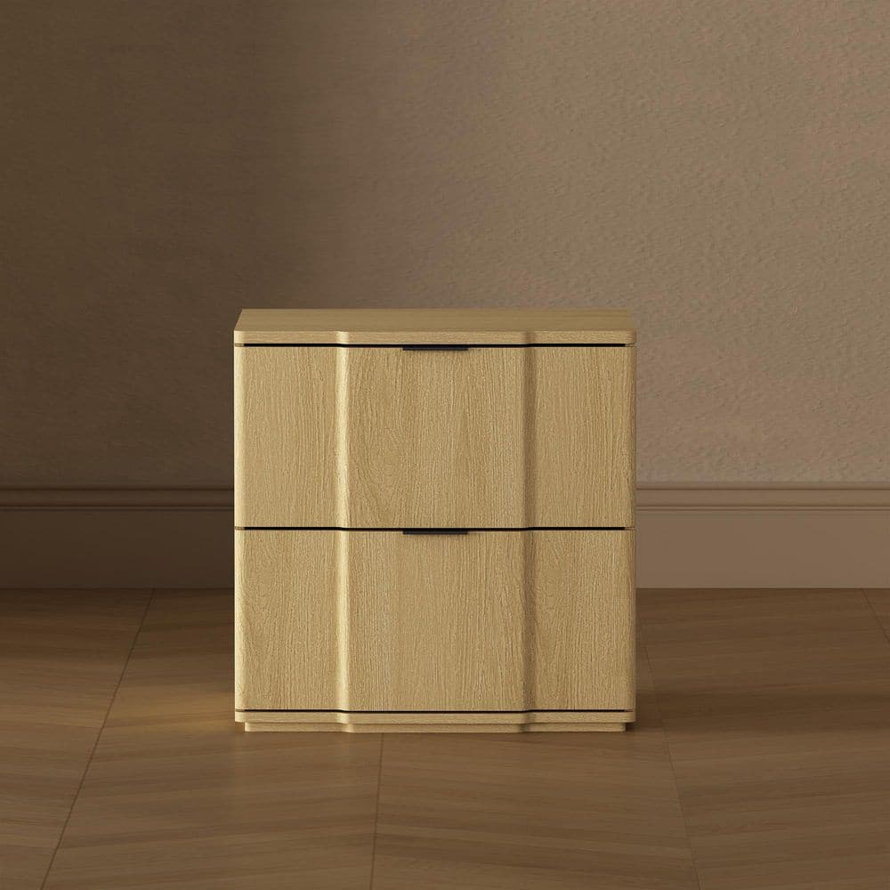 Clive Mid-Century Modern Natural 2-Drawer 22 in. W Nightstand with Black Handles