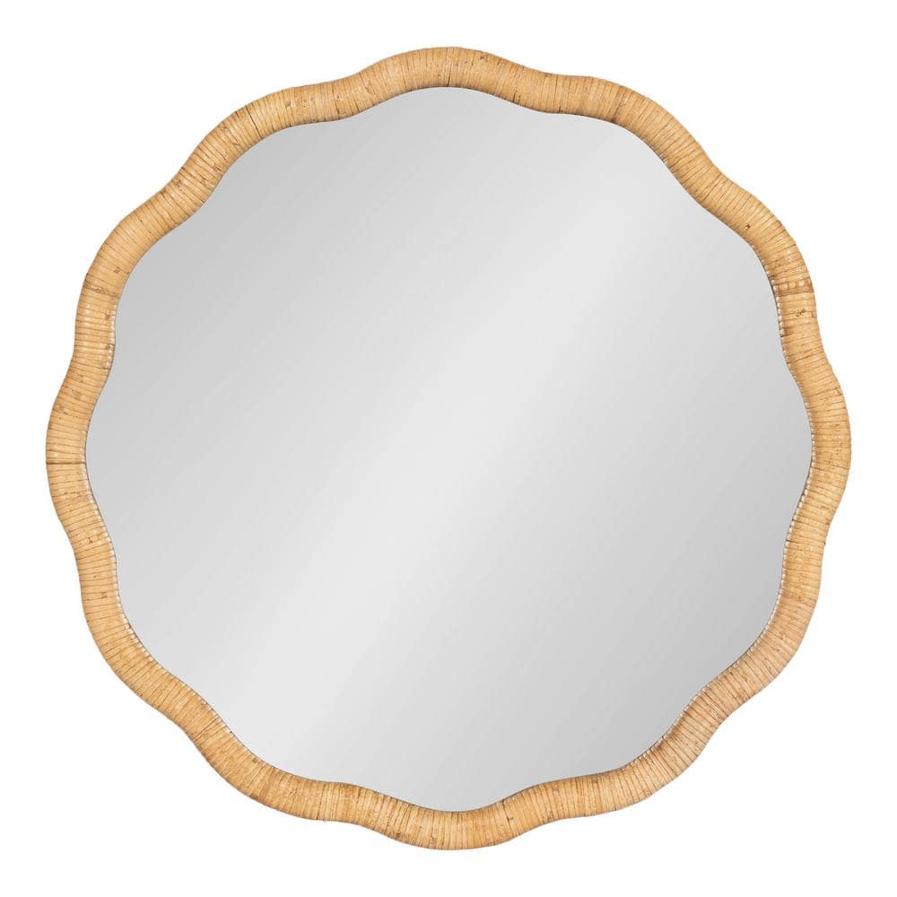 Natural Wood 26" Round Scalloped Rattan Mirror