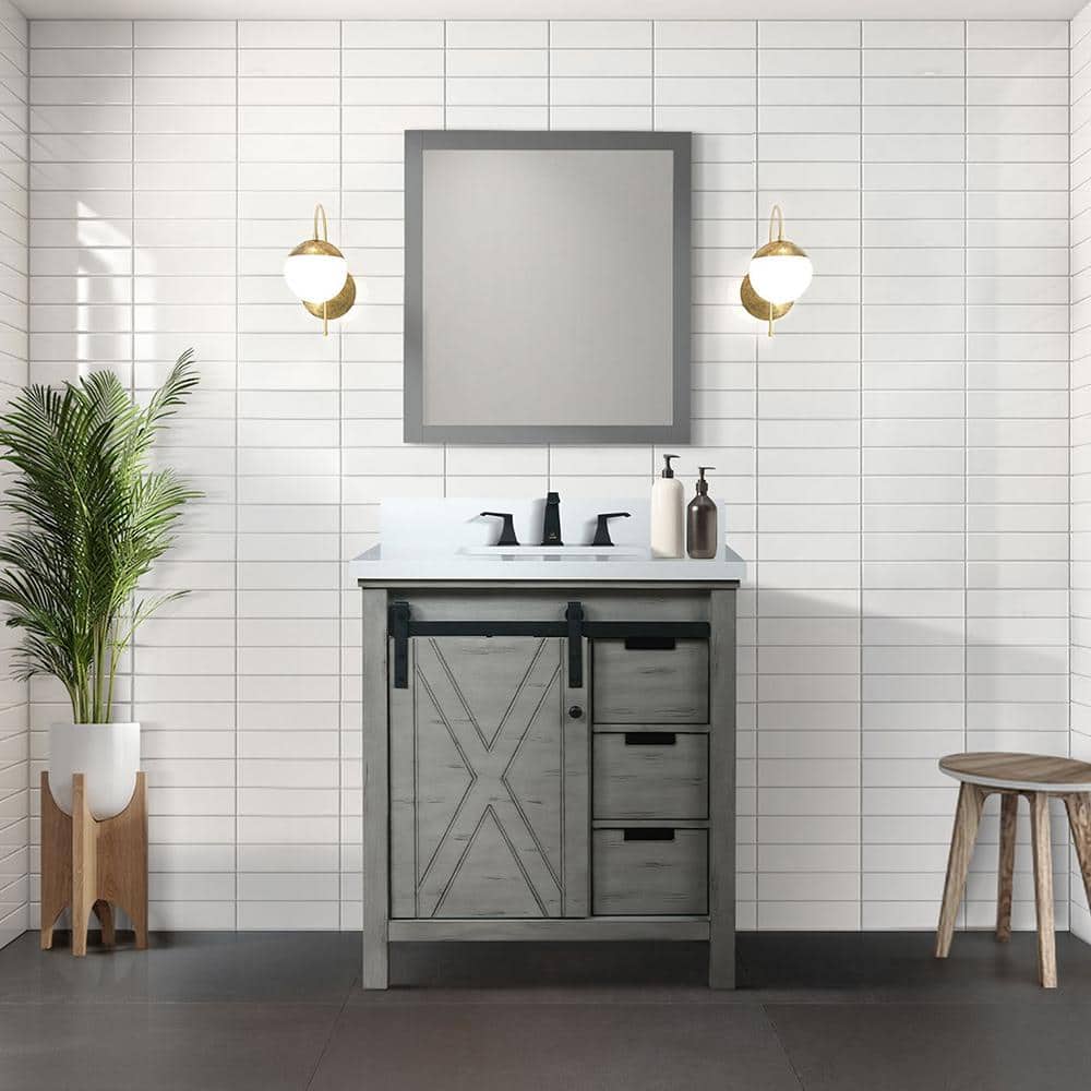 Marsyas 30-Inch Ash Grey Birch Bathroom Vanity with White Ceramic Sink