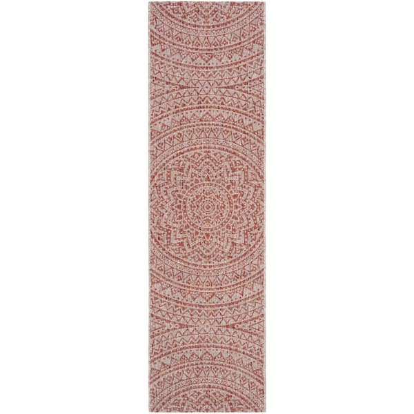 SAFAVIEH Courtyard Light Beige/Terracotta 2 ft. x 8 ft. Border Indoor/Outdoor Patio  Runner Rug