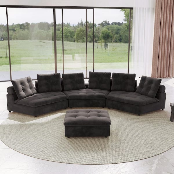 130 in. Square Arm Rectangle 3-Seater Frosted Velvet Free Modular Sectional Sofa with Ottoman in Gray