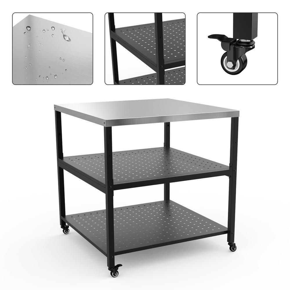 onlyfire Stainless Steel Dining Table with 3 Shelves and Wheels THT111 ...