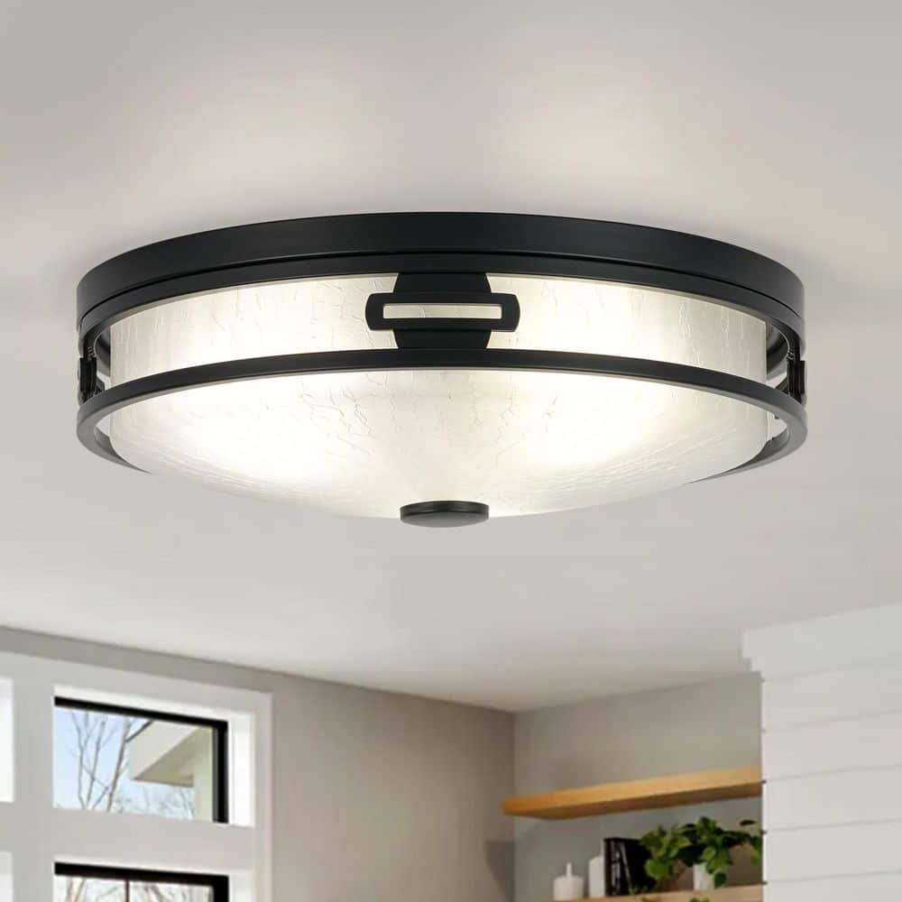 16.14 in. 3-Light Black Farmhouse Flush Mount Ceiling Light Fixture Industrial Close to Ceiling Light w/ Crackled Glass price history on PriceWatchPro