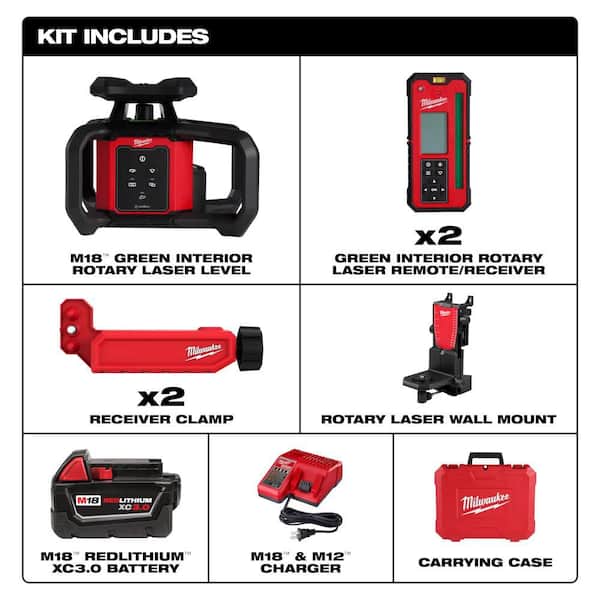 M18 1000 ft. Green Interior Rotary Laser Level Kit with Green Rotary Laser Remote Control and Receiver