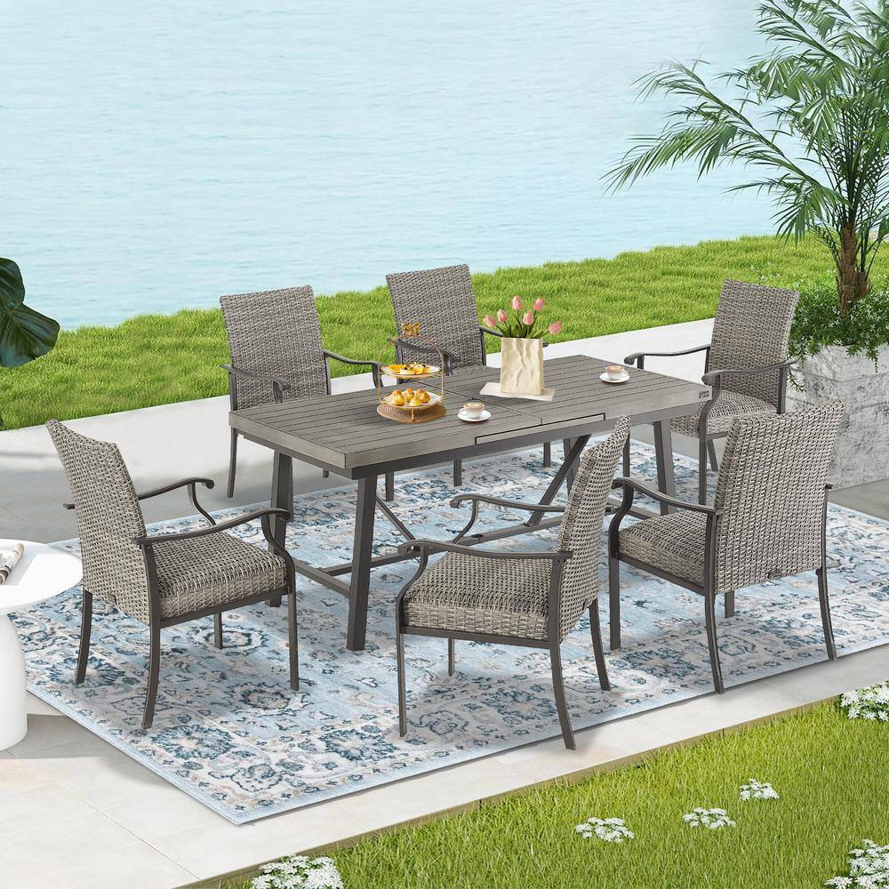 7-Piece Wicker Outdoor Dining Set, Extendable Table and Dining Armchairs