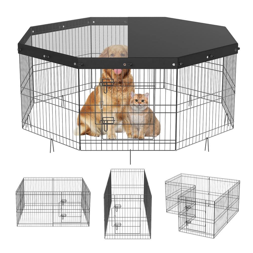 VEVOR Dog Playpen 8 Panels Foldable Metal Dog Exercise Pen with Top Cover 24 in. H Pet Fence Puppy Crate Kennel