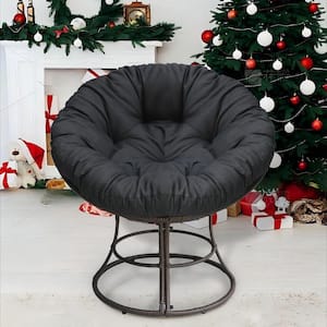 Metal Frame Papasan Outdoor Lounge Chair with Black Overstuffed Cushion 43 in.