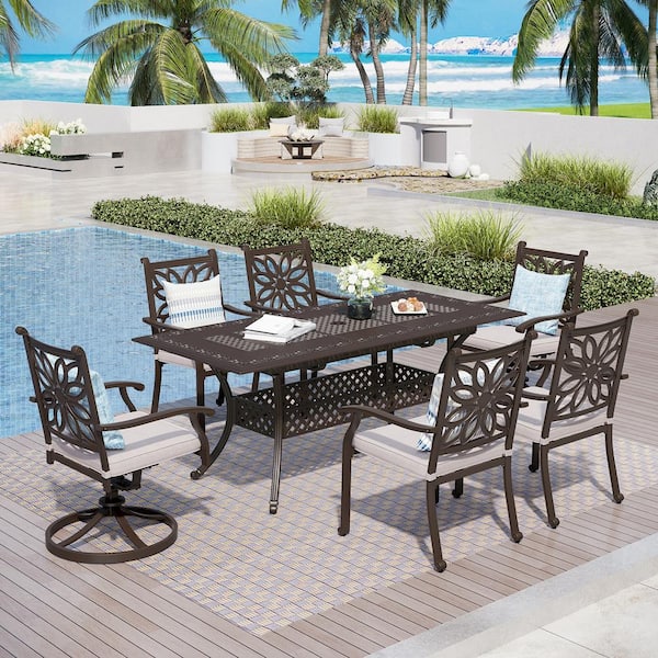 PHI VILLA Brown 7-Piece Cast Aluminum Patio Outdoor Dining Set with Extendable Table and Dining Chairs with Beige Cushion